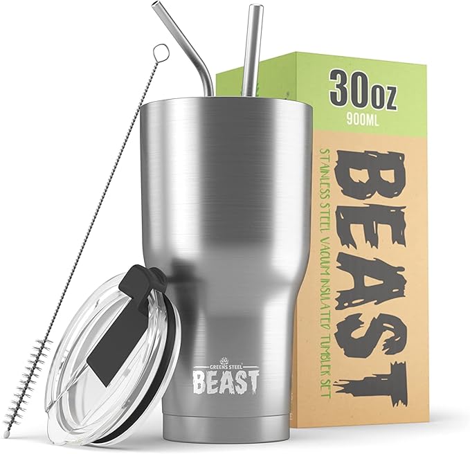 Beast 30 oz Tumbler Stainless Steel Vacuum Insulated Coffee Ice Cup Double Wall Travel Flask (Stainless Steel) - Bloomnest