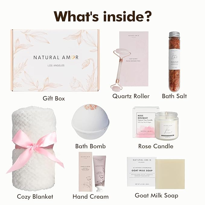 Natural Amor Spa Gift Set with Blanket 7 PCs– Handmade Bath & Body Self-Care Box – Includes Bath Bomb, Candle, Soap, Hand Cream – Perfect for Relaxation & Gifting - Bloomnest
