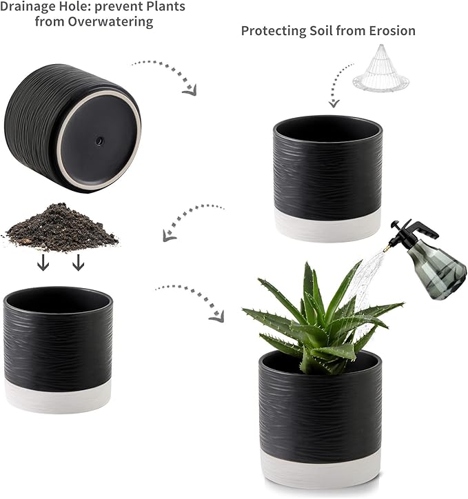 Nihow Ceramic Plant Pot: 6 Inch Planter with Drainage Hole & Saucer for Indoor & Outdoor Plants - Cylinder Round Flower Pot for Succulent/Herbs/Violets - Black & White - Bloomnest