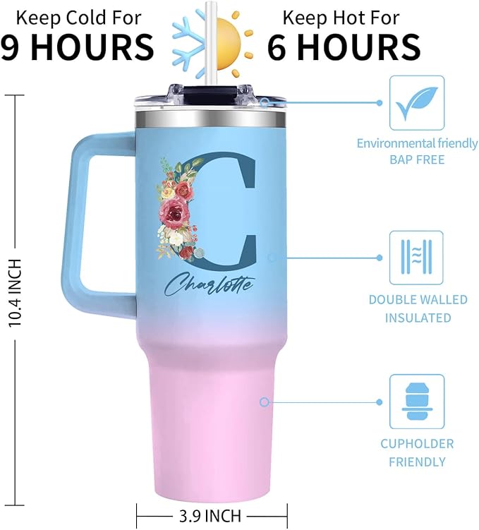 Personalized Gifts for Women - 40oz Customized Initial Floral Tumbler with Name，Monogrammed Flower Cups for Her, Ideal for Birthdays, Mother’s Day, Christmas -Perfect for Office Home Travel,02 - Bloomnest