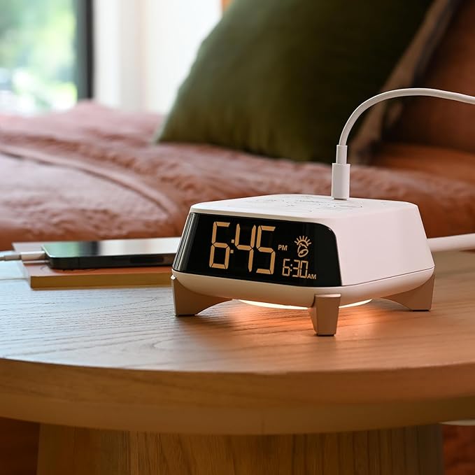 Brandstand CubieTime Zen White | Alarm Clock Charger with White Noise and Sunrise Alarm | 2 USB-C Ports | 2 Tamper Resistant Outlets |Night Light