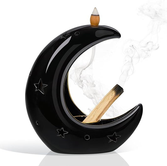 ZenBless Moon Versatile Ceramic Backflow Incense Holder and Burner Waterfall,for Burning Sage, Palo Santo, Backflow Cone and Candle,Aromatherapy Ornament Home Room Decor,the Ideal Present (Black) ZenBless