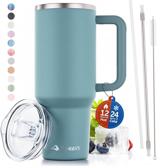 40 oz Tumbler With Handle and Straw Made of Stainless Steel - Double Wall Vacuum Insulated Tumbler With Lid - Sweat Proof Easy Grip, BPA-Free, Dishwasher Safe Tumbler (Aqua Sky) - Bloomnest