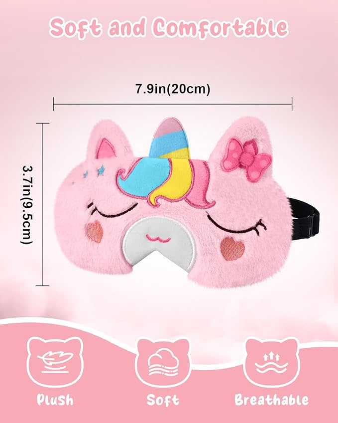 Sleep Mask for Kids - Cute Cartoon Plush Fuffy Sleeping Eye Cover Bow Unicorn Kawaii Soft Eyeshade with Adjustable Strap Animal Eye Blindfold for Kids Girls Boys Teens - Bloomnest
