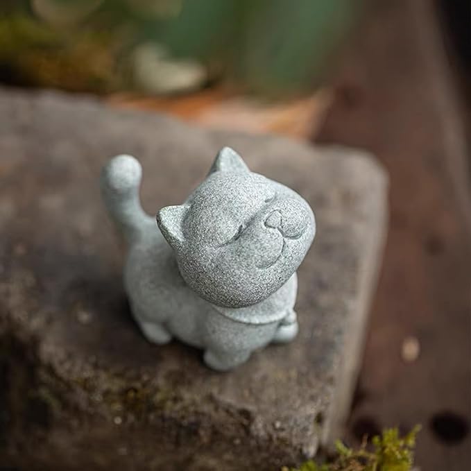 Exquisite Sandstone Warrior Cat Incense Holder (2.16”*2.36”) with Free Fishing Rod and Fish, Plus Bamboo Mat Cushion (7.28”*3.34”) (Sassy Cat) - Bloomnest