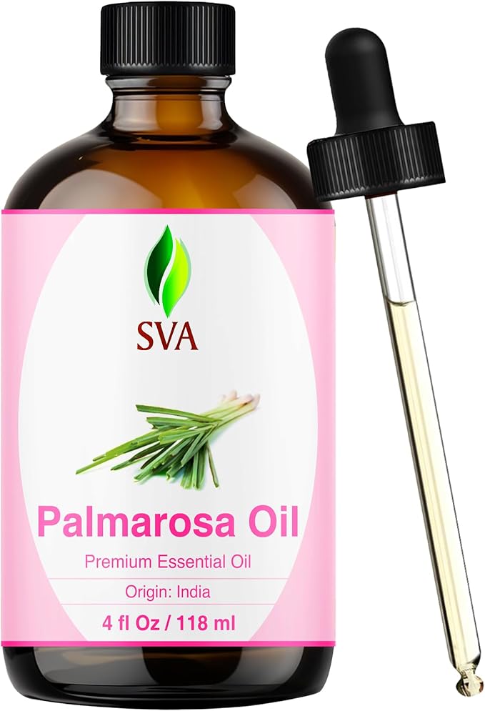 SVA Palmarosa Essential Oil – 4 Fl Oz – 100% Natural Palmarosa Oil - for Diffuser, Hair Care, Face, Skin Care, Aromatherapy, Scalp and Body Massage, Soap and Candle Making – with Dropper - Bloomnest