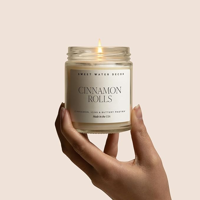Sweet Water Decor Cinnamon Roll Candle - Fall Scented with Cinnamon, Icing and Buttery Pastry for Home - Autumn Soy Candle with 40 Hours Burn Time - 9Oz Gold Lid Clear Jar Cozy Scents - Bloomnest
