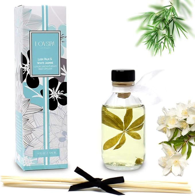 LOVSPA Reed Diffuser Set, Lush Palm & Jasmine Scented Oil Diffuser with Sticks, Home Fragrance Accessories for Bathroom Shelf Decor, Aroma Diffusers for Home or Office Desk, USA Made