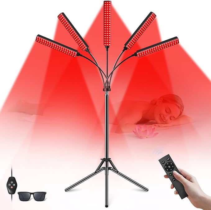 Cholas Red Light Therapy for Face Body, 5 Heads Red Infrared Light Therapy Devices with Stand, 5 Levels Adjustable Brightness 660nm and 850nm Near Infrared Light for Full Body, Muscle Gift for Women Cholas