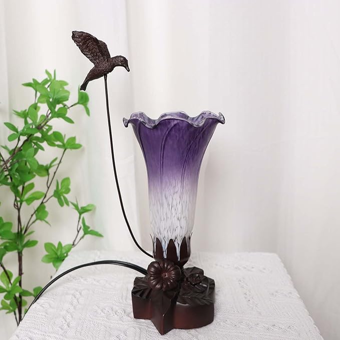 Bieye LL102 Hummingbird Flying Over Lily Flower Blown Glass Table Lamp for Home Decor (White Indigo, 4.25Wx12H)