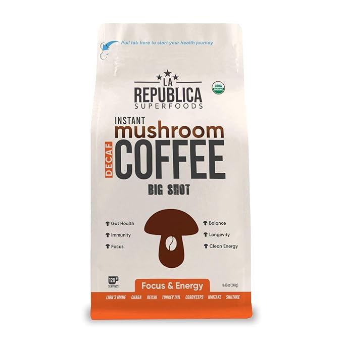 La Republica Big Shot Decaf Instant Mushroom Coffee Organic (120 Servings) with Lion's Mane, Reishi, Chaga, Cordyceps, Maitake, Turkey Tail - Bloomnest