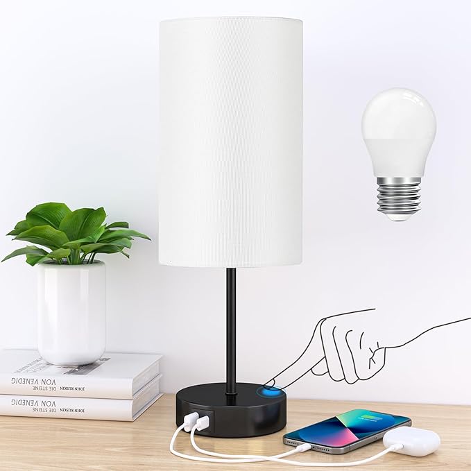 AKASUKI Table Lamp for Bedroom, 3 Way Dimmable Touch Lamp with Dual Charging Station, Small Bedside Lamps for Night Stands, Living Room, Office(LED Bulb Included) - Bloomnest