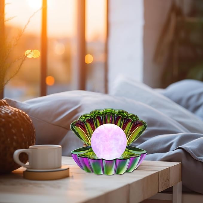 Shell Pearl Beach Themed Night Light, RGB 8 Colors Changing Mood Shell Pearl Lamps, Bedside LED Clamshell Portable Night Lights for Bar (Electroplating Colorful) - Bloomnest