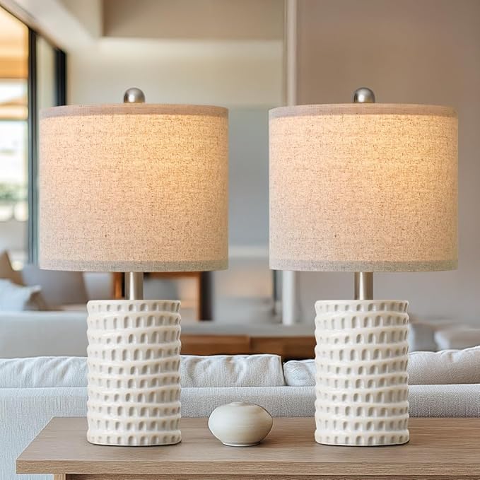 PORTRES 18.25" Modern Accent Ceramic Table Lamp Set of 2 for Bedroom White Desk Decor Bedside Lamps for Living Room Study Room Office Dorm Farmhouse Nightstand Lamp End Table Lamps - Bloomnest