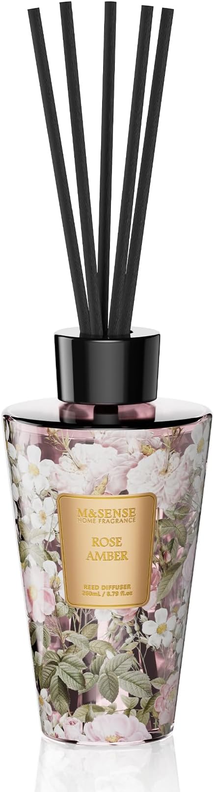 M&SENSE Rose Amber Reed Diffuser Set - 8.79fl oz Home Fragrance Non-Toxic Essential Oil Diffuser with All Natural Sticks, Air Freshner Gifts for Bathroom Bedroom Office Home Decor MSENSE