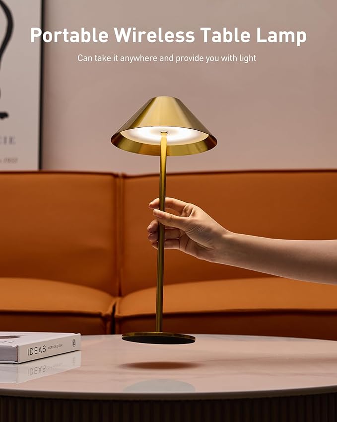 Bojim Gold Cordless Table Lamp, Rechargeable Touch Lamps with 3 Color Dimming, Wireless Battery Operated Lamp for Bedroom/Living Room - Bloomnest