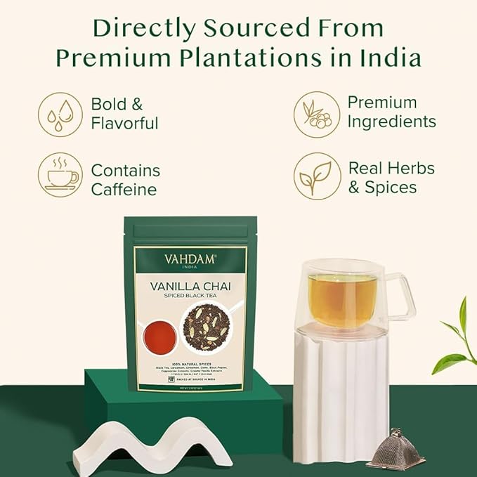 VAHDAM Vanilla Spiced Masala Chai | 3.53oz (50 Cups) Gluten Free Delicious Blend Of Vanilla & Masala Chai | Spiced Chai Tea Loose Leaf | Brew As Hot, Cold Or Iced Tea | Vacuum Sealed Pack - Bloomnest