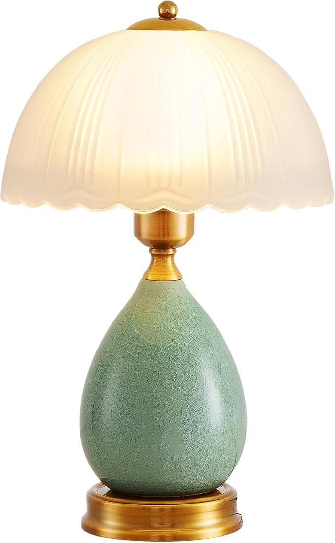 Table Lamps for Bedroom Vintage Golden Table Lamps for Bedroom Ceramic Retro Lamp for Living Room,16" Modern Bedside Nightstand Traditional Lamps, Classic Chinoiserie Green Glass Lamp for Home Decor - Bloomnest
