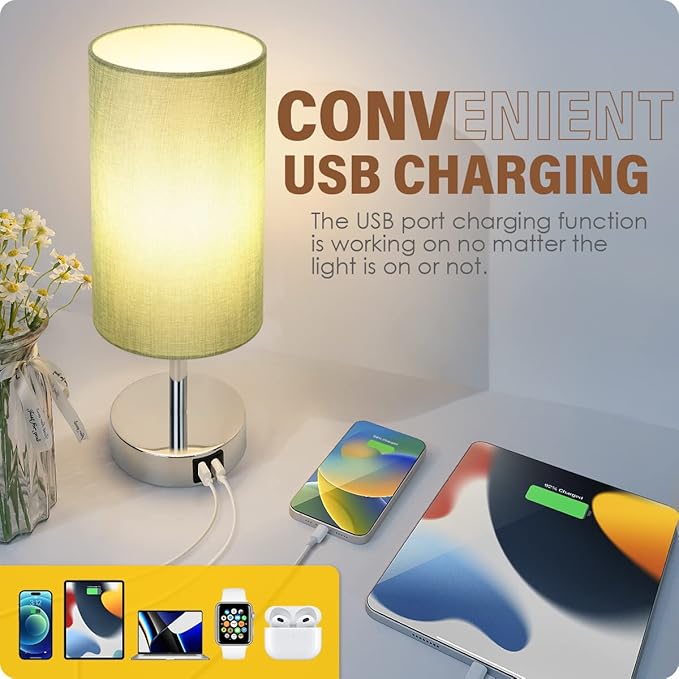 Yarra-Decor Bedside Lamp with USB Port - Touch Control Table Lamp for Bedroom 3 Way Dimmable Nightstand Lamp with Round Denim Fabric Shade for Living Room, Dorm, Home Office (LED Bulb Included) - Bloomnest