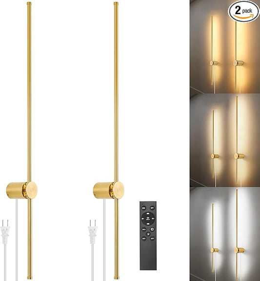 Wall Sconces Set of Two with Remote, Stepless Colors 3000K-6500K & Stepless Dimming, Hardwire or Plug-in, 180° Rotate, LED Gold Plug in Wall Sconces with Timer & Night Light, 39.4 Inches - Bloomnest