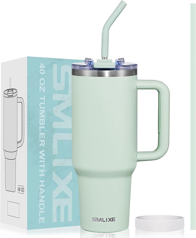 40 oz Tumbler with Handle and Straw Lid,Insulated Reusable Stainless Steel Water Bottle Travel Mug，Cupholder Friendly Double Wall Vacuum Sealed Cup (Light Green) - Bloomnest
