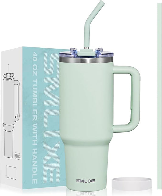 40 oz Tumbler with Handle and Straw Lid,Insulated Reusable Stainless Steel Water Bottle Travel Mug，Cupholder Friendly Double Wall Vacuum Sealed Cup (Light Green) - Bloomnest