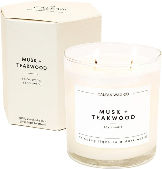 Calyan Wax Scented Candle, Musk & Teakwood Candle for The Home Scented with Essential Oils, Soy Wax Aromatherapy Candles in Glass Jar with 37 Hour Burn Time, Non Toxic Candles Gifts, 8.8oz - Bloomnest