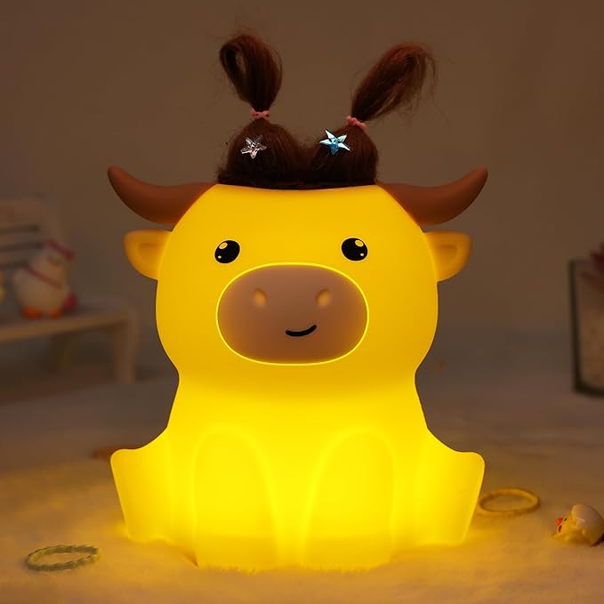 Highland Cow Night Light, Fluffy Cow Squisy Lamp for Kids, Soft Silicone Animal Nightlamp with 2 Levels Dimmable & 20 Mins Timer, Rechargeable LED Light Gifts for Baby Boys Girls - Bloomnest