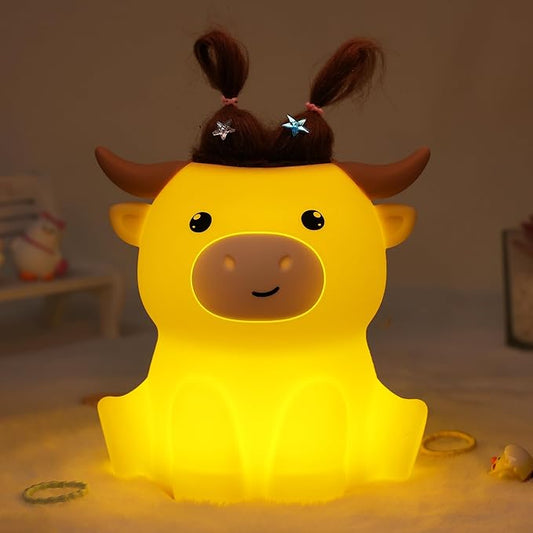 Highland Cow Night Light, Fluffy Cow Squisy Lamp for Kids, Soft Silicone Animal Nightlamp with 2 Levels Dimmable & 20 Mins Timer, Rechargeable LED Light Gifts for Baby Boys Girls - Bloomnest