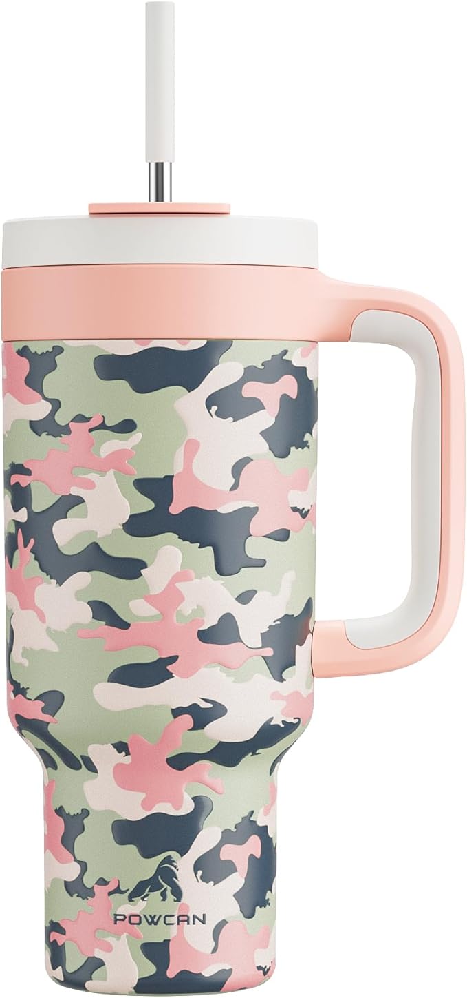 40 oz Camo Tumbler with Handle, 2-in-1 Straw and Sip Lid, Leakproof, Dishwasher Safe, Insulated Stainless Steel Travel Coffee Mug, Keeps Cold for 34 Hours, Fits in Car Cup Holder (Rose Dappled) - Bloomnest