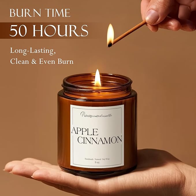 Cinnamon Apple Scented Candles for Home, Natural Soy Wax Aromatherapy Candle Gifts for Men & Women, Highly Scented & Long Lasting Non Toxic Jar Candle for Stress Relief (9oz) - Bloomnest