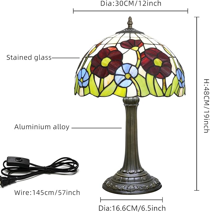 Tiffany Lamp Red Poppy Flowers Stained Glass Table Lamp Vintage Bedroom Desk Light for Home Dorm Office Art Craft Antique Decor Accent Aesthetic Nightstand Reading Light - Bloomnest