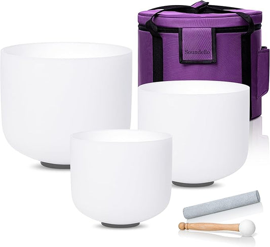 6-10 inch 432hz Quartz Crystal Singing Bowls Set of 3 Pure White, for Healing Mindfulness Meditation Yoga Sound Baths with Case and Mallet Suede Striker - Bloomnest