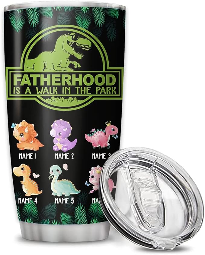 Custom Dinosaur Dad Fathehood Personalized Tumbler Cup Father's Day Gift, Gift For Dad, Father, Papa, Grandpa 20oz Insulated Coffee/Tea Tumbler with Lid - Bloomnest
