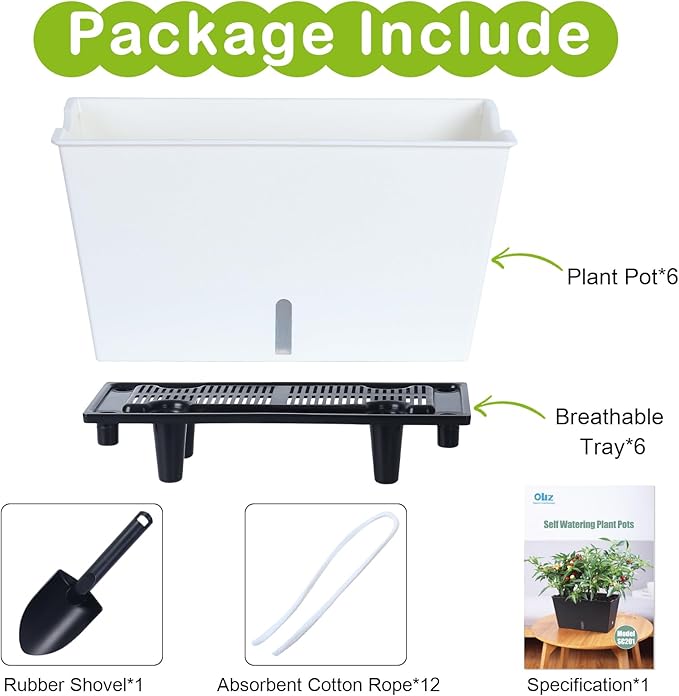 Window Box Planter 6 Pcs, 12.1 Inches Self Watering Plant Pots Rectangle Flower Pots with Drainage Holes and Breathable Trays, Vegetable Planters for Windowsill Patio Garden Balcony Porch Yard (White) - Bloomnest