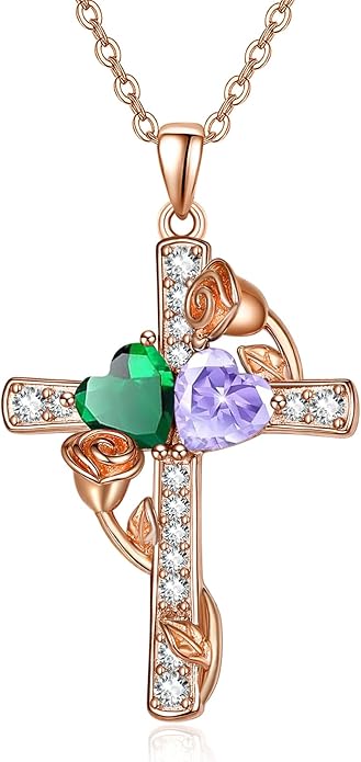 Rose Gold Dual Birthstones Cross Necklace for Women Rose Flower Jewelry Anniversary Christmas Mother's Valentine's Day Birthday Gift for Wife Girlfriend Mom - Bloomnest