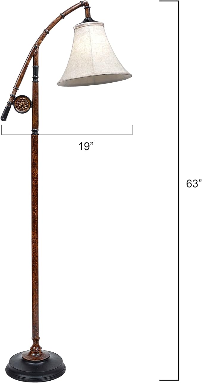 BLACK FOREST DECOR - Fishing Pole Floor Lamp with Linen Shade, Cast Resin Construction - Vintage Lakeside Style - 19" W x 63" H - Bloomnest