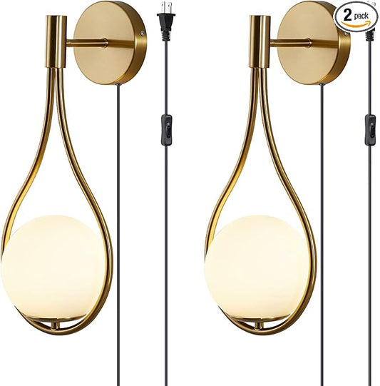 Modo Lighting Glass Ball Wall Sconce Plug in Mid Century Modern Drop Design Wall Light Brushed Brass Gold Wall Lamps for Bedside Living Room (with Plug in 2 Pack) - Bloomnest