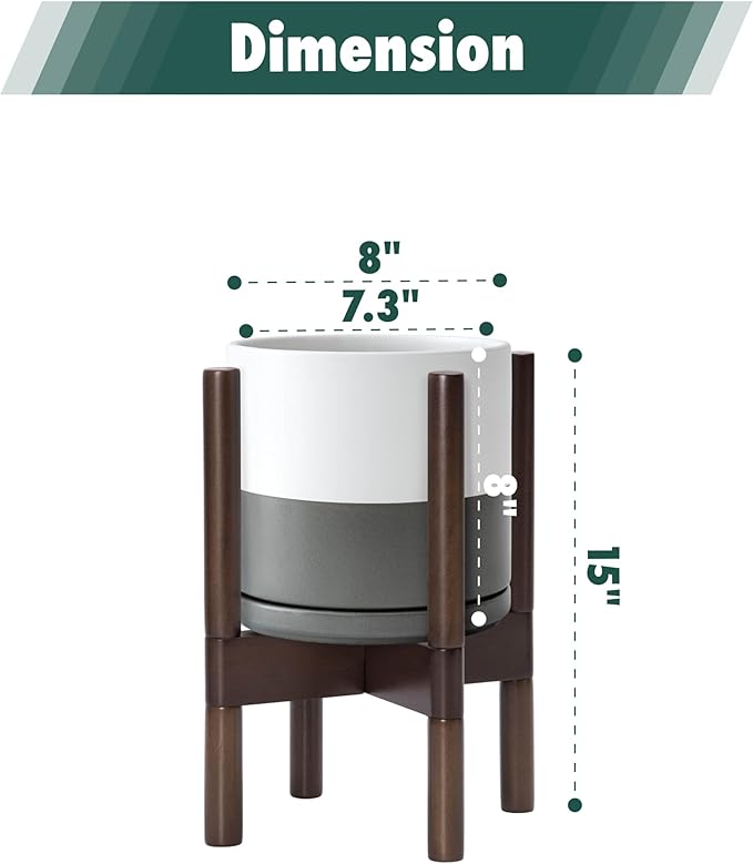 D'vine Dev Ceramic Planter with Walnut Color Stand - 8 Inch Modern Round Flower Pot with Wood Planter Holder, White/Grey, 55-B-Y-6 - Bloomnest