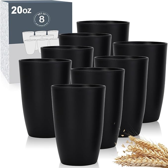 Wheat Straw Cups 8 PCS Good Alternative to Plastic Reusable Cups 20 oz Unbreakable Drinking Cup Reusable Dishwasher Safe Water Plastic Glasses Black - Bloomnest