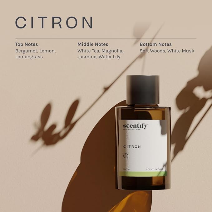 Scentify Citron Aroma Oil Refill Scent for Oil Diffusers - Lemon, Jasmine, Musk, Woods Scents - Luxurious Relaxing Aromatherapy Diffuser Fragrance 100ml, 3.38 oz Scentify
