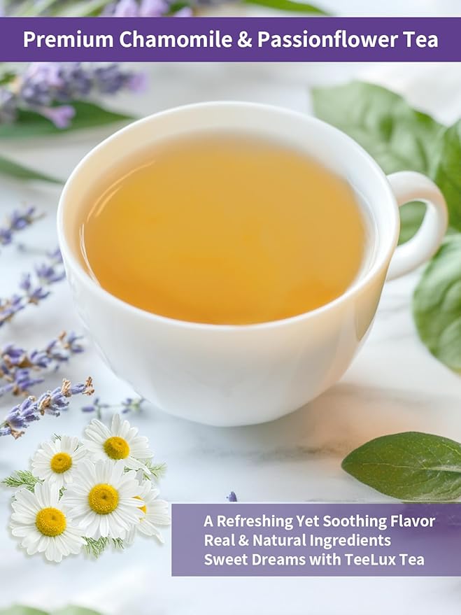 TeeLux Chamomile Passionflower Tea, Caffeine Free Tea with Lemon Balm, Spearmint, Valerian Root, Lavender, Soothing & Smooth Taste, 50 Count - Bloomnest