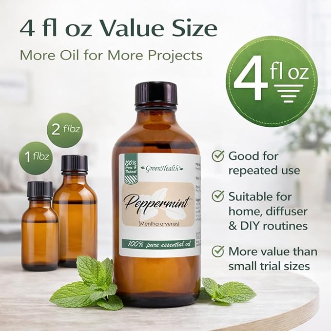 GreenHealth Peppermint Essential Oil 4 fl oz - 100% Pure Essential Oil - Amber Glass Bottle w/Glass Dropper - Fresh Mint Aroma for Diffusers, Candles, Soap Making, DIY Use Greenals