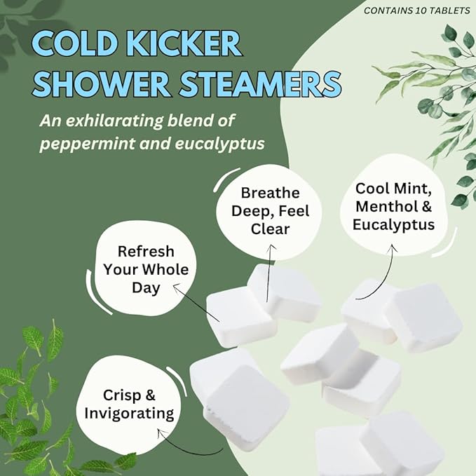 Cold Kicker Shower Steamers Aromatherapy for Sinus Relief - Adult Stocking Stuffer Christmas Gift - USA Made - Peppermint & Eucalyptus Shower Bomb Tablets - Soothing Natural Essential Oils (10 Pack) - Bloomnest