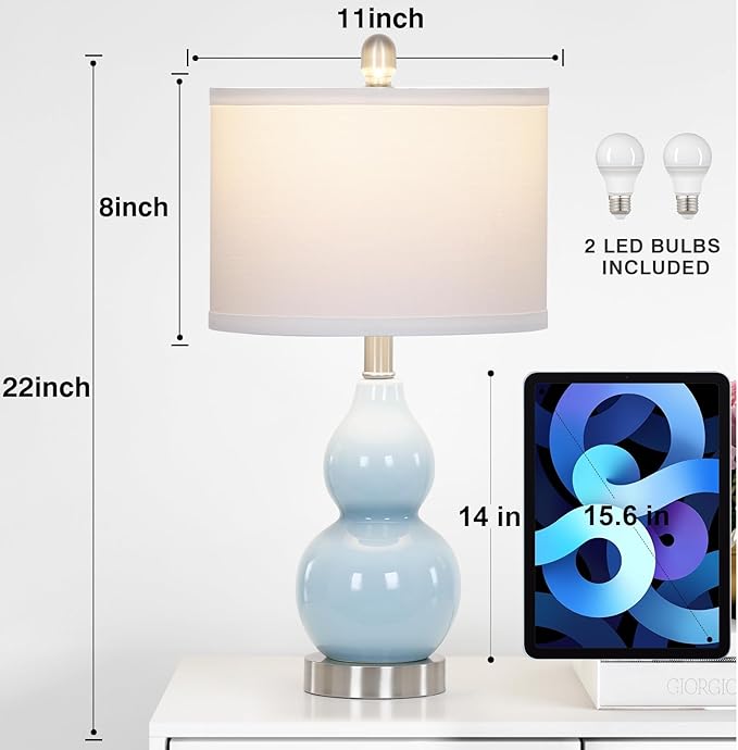 Double Gourd Ceramic Table Lamps Set of 2, Modern Blue Bedside Lamps for Night Stand, Contemporary Nightstand Lamps for Bedroom Living Room (Bulb Included) - Bloomnest
