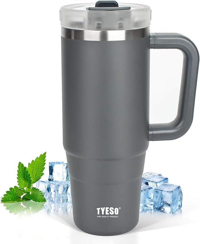Tyeso 30 oz Tumbler with Handle, Straw and Lid - Leak Resistant Insulated Stainless Steel Water Bottle, Car Cup Holder Friendly Travel Coffee Mug Grey - Gifts for Men & Women - Bloomnest