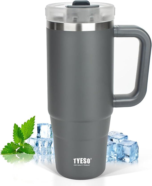 Tyeso 30 oz Tumbler with Handle, Straw and Lid - Leak Resistant Insulated Stainless Steel Water Bottle, Car Cup Holder Friendly Travel Coffee Mug Grey - Gifts for Men & Women - Bloomnest