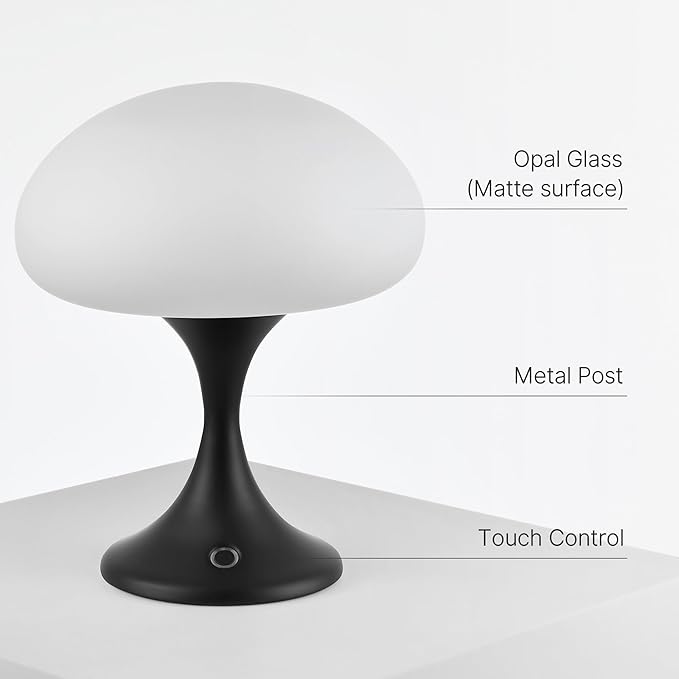 Mushroom Lamp, 5W LED Cordless Rechargeable Table Lamp with Glass Shade, Small Retro Dimmable Touch Light with 3 Color Temps, Aesthetic Mid Century Bedside Light for Bedroom Ambient, Black - Bloomnest