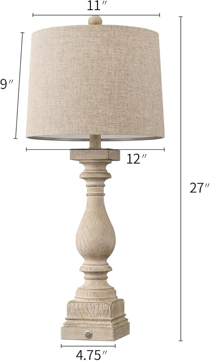 BOBOMOMO 27" Table Lamp with USB C+A Charging Ports Set of 2 Antique Nightstand Lamp for Bedroom Living Room Farmhouse Office Retro Rustic Resin Bedside Desk Lamps Washed White - Bloomnest