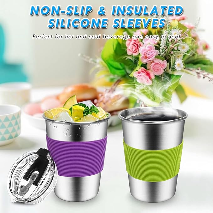 Kids Stainless Steel Cups, Kids Metal Drinking Glasses with Lids, Stainless Steel Straws and Sleeves, 12oz Reusable Water Tumbler for Children and Adults, Apply to Indoor and Outdoor - Bloomnest